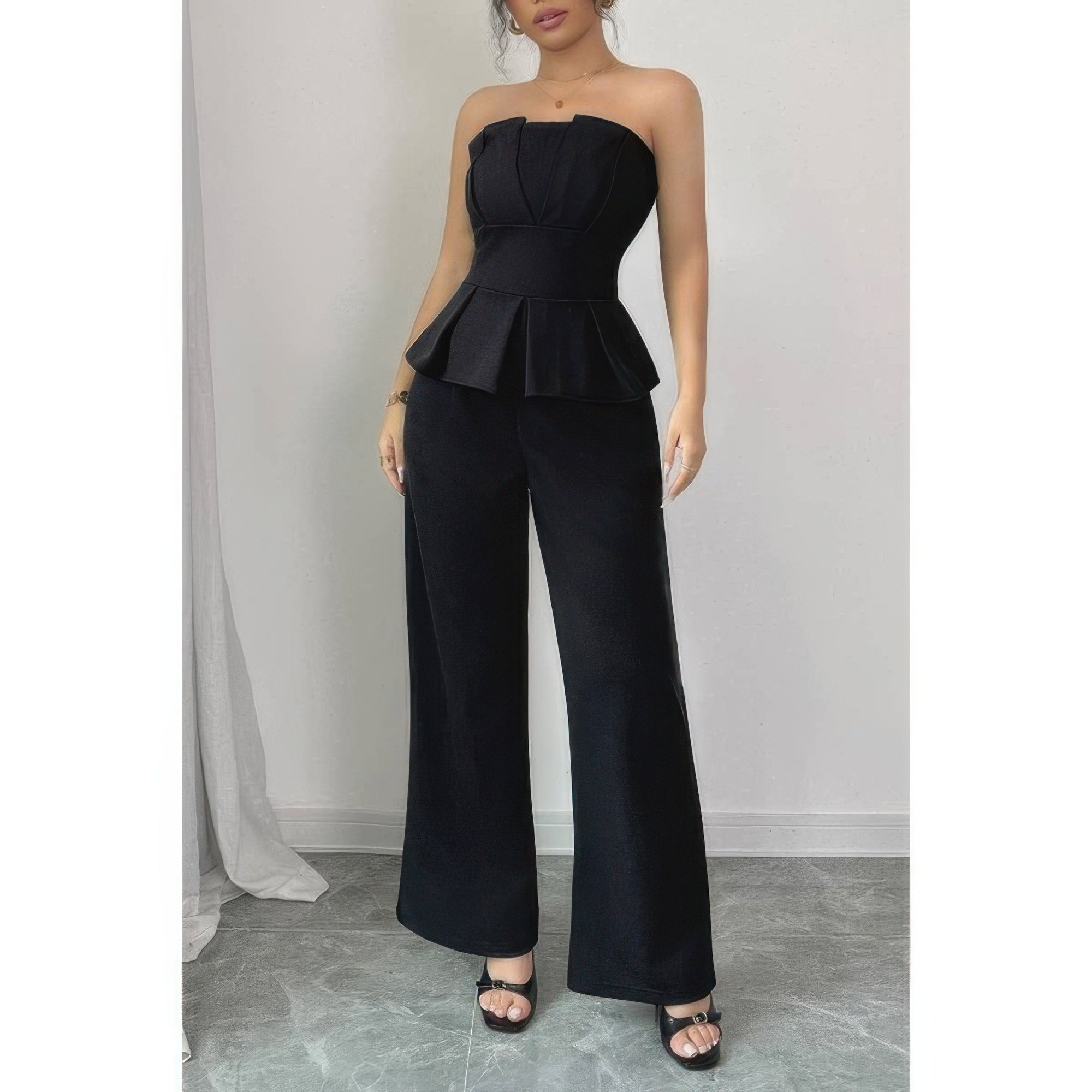 Off Shoulder Back Hide Zipper Pleated Fit Jumpsuit - Flip Flop Dynasty