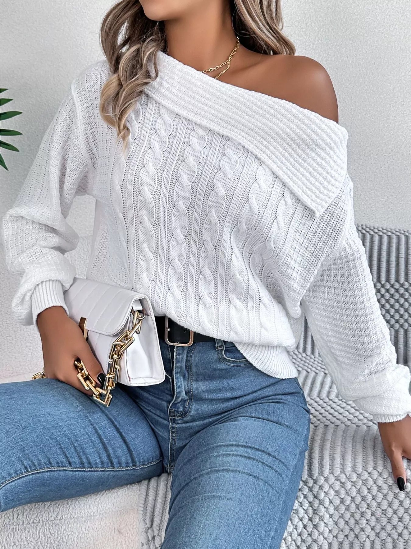 Off - Shoulder Cable Knit Sweater - Flip Flop Dynasty