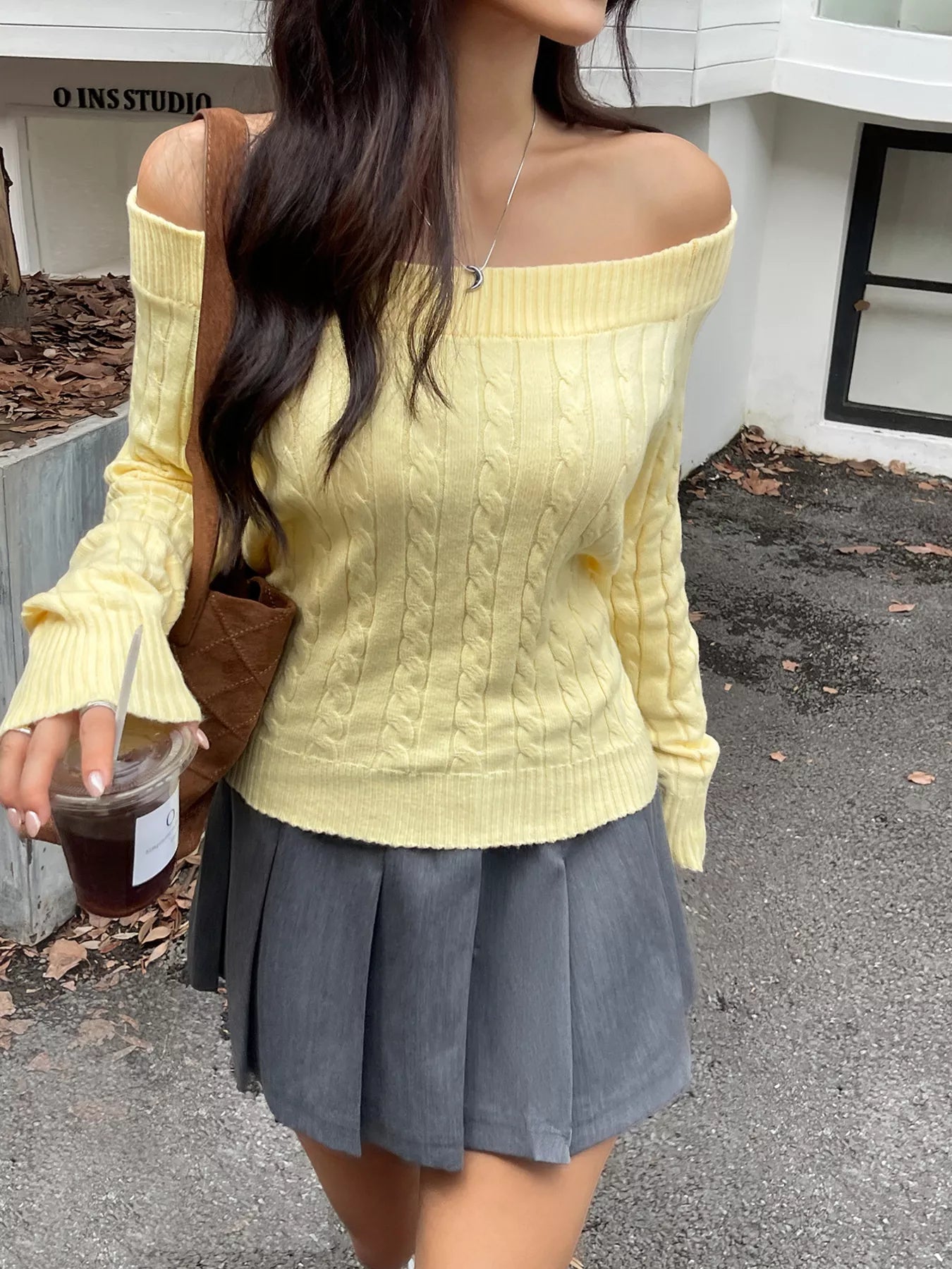 Off - Shoulder Cable Knit Sweater - Flip Flop Dynasty