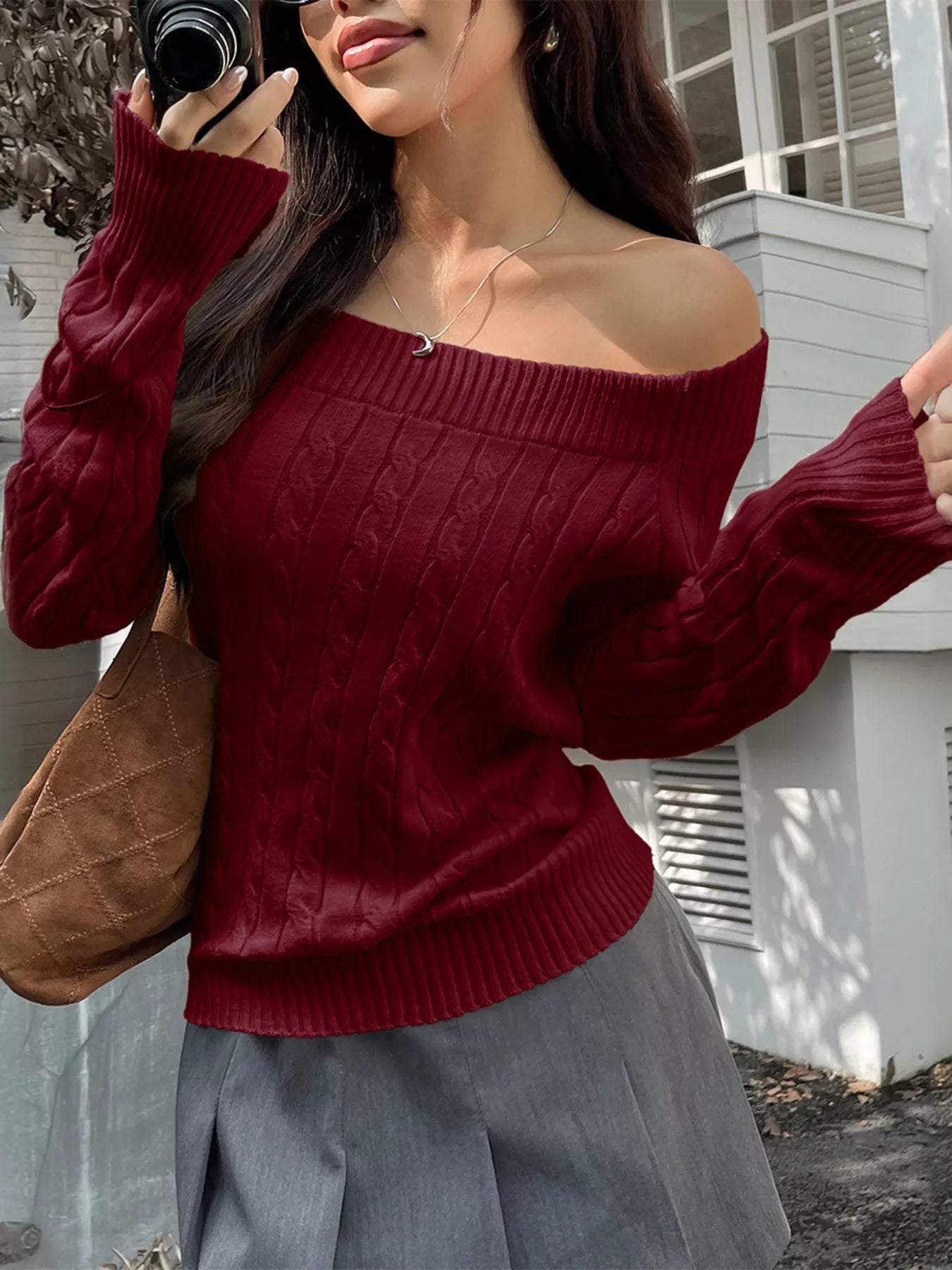 Off - Shoulder Cable Knit Sweater - Flip Flop Dynasty