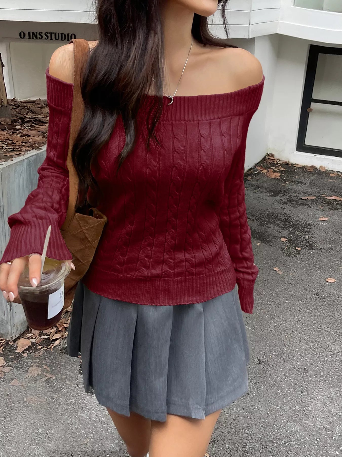 Off - Shoulder Cable Knit Sweater - Flip Flop Dynasty