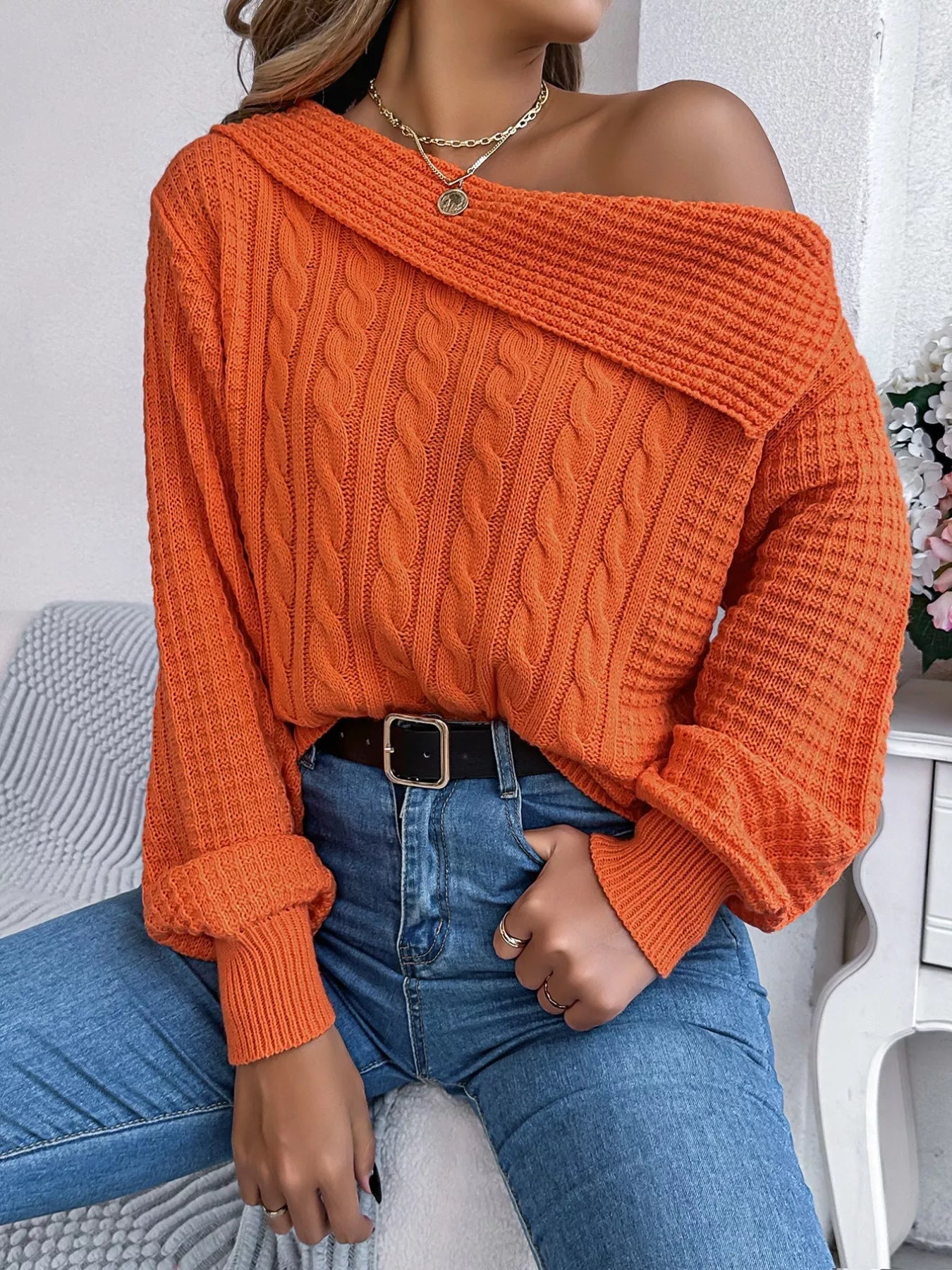 Off - Shoulder Cable Knit Sweater - Flip Flop Dynasty
