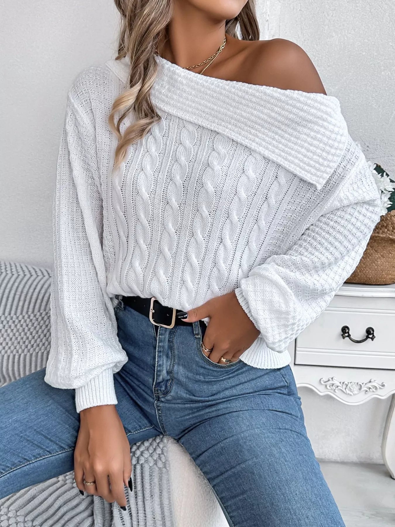 Off - Shoulder Cable Knit Sweater - Flip Flop Dynasty
