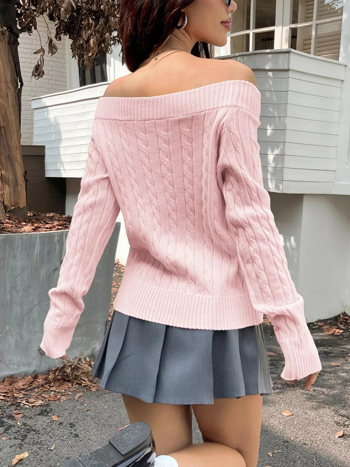 Off - Shoulder Cable Knit Sweater - Flip Flop Dynasty