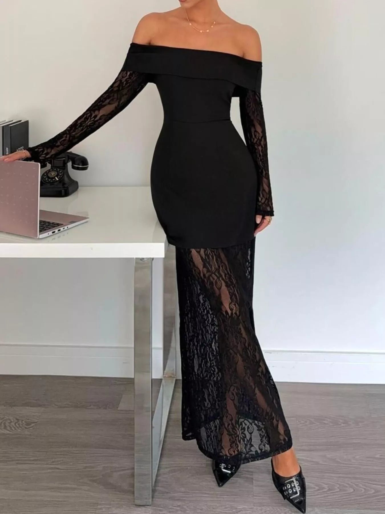 Off - Shoulder Lace Long Sleeve Maxi Dress - Flip Flop Dynasty