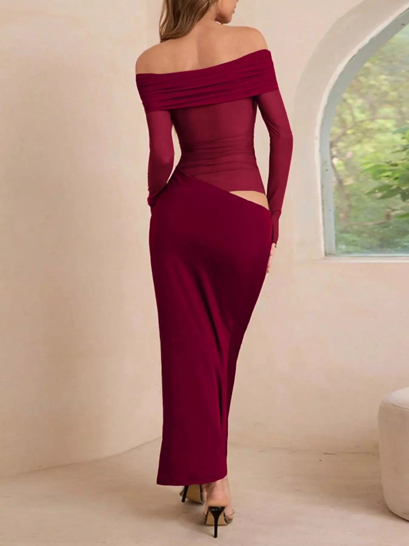 Off - Shoulder Long Sleeve Ruched Bodycon Maxi Dress - Flip Flop Dynasty