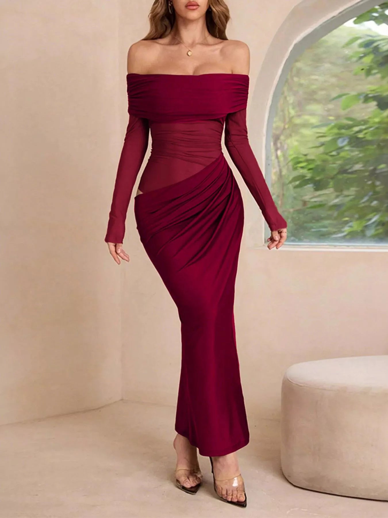 Off - Shoulder Long Sleeve Ruched Bodycon Maxi Dress - Flip Flop Dynasty