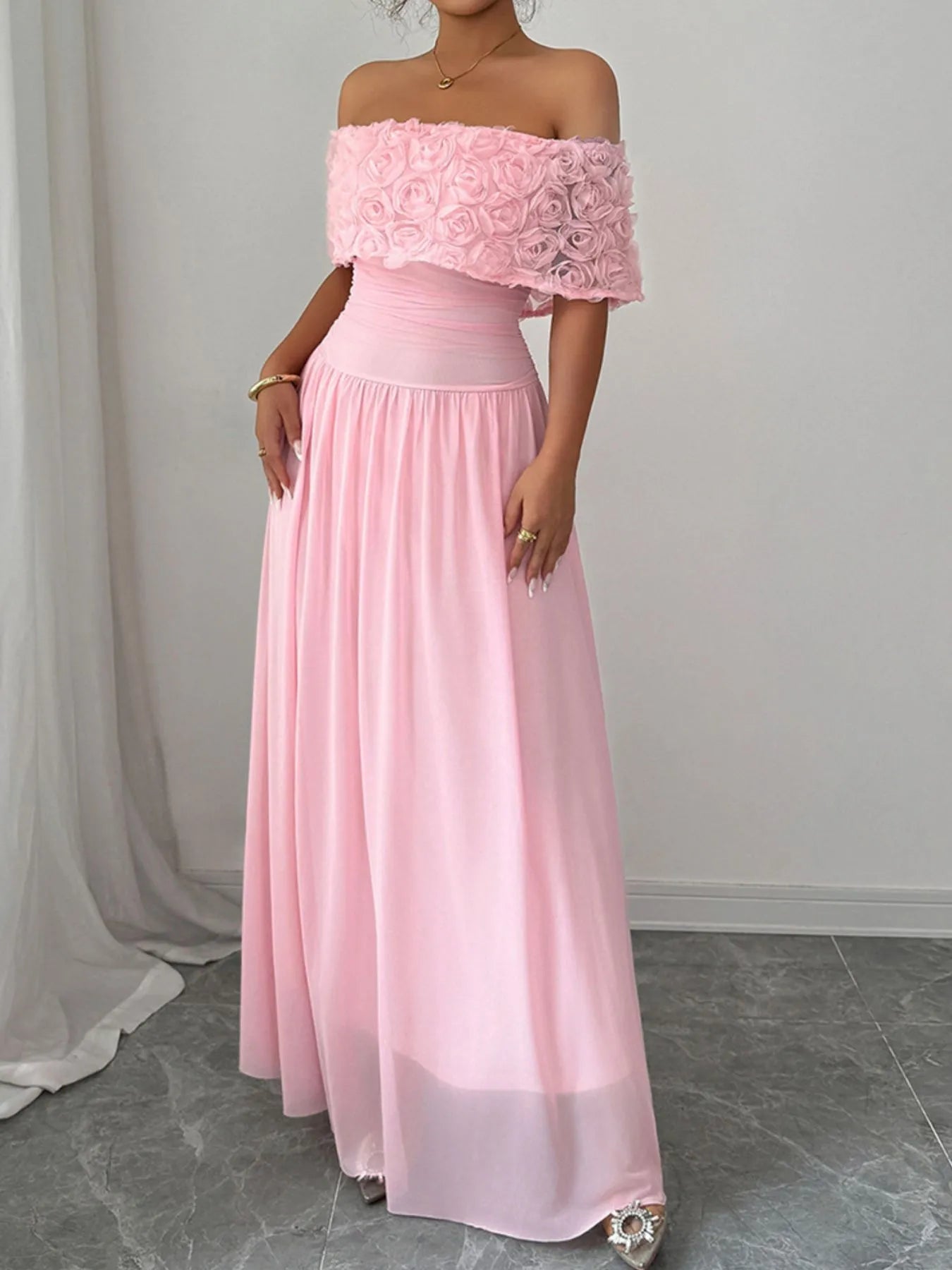 Off - Shoulder Rose Embellished Maxi Dress - Flip Flop Dynasty
