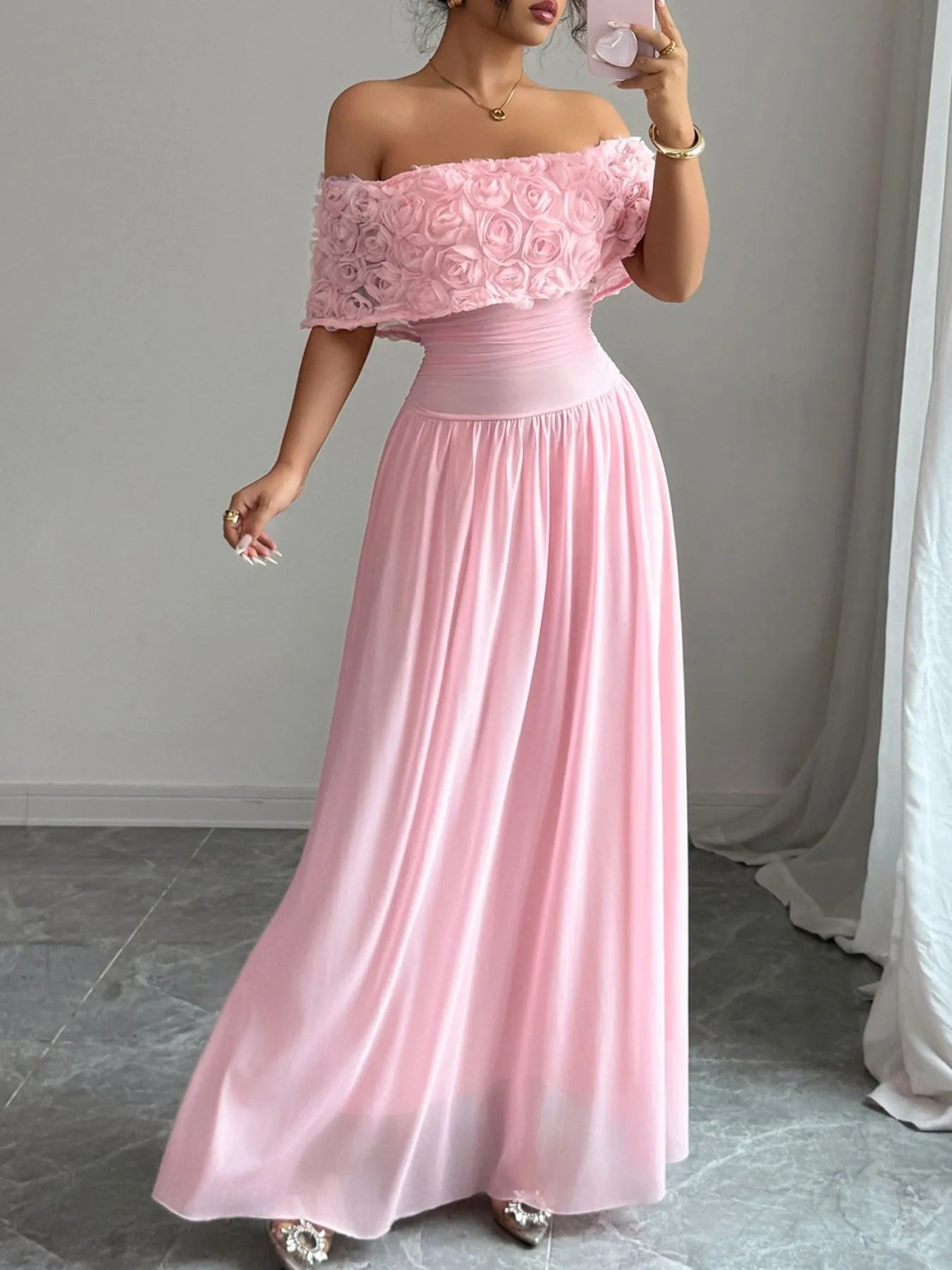 Off - Shoulder Rose Embellished Maxi Dress - Flip Flop Dynasty