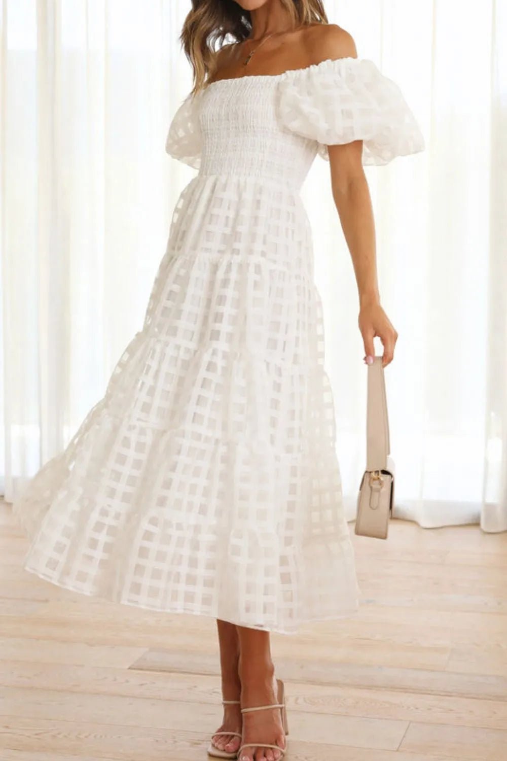 Off Shoulder Short Puff Sleeve Midi Dress - Flip Flop Dynasty