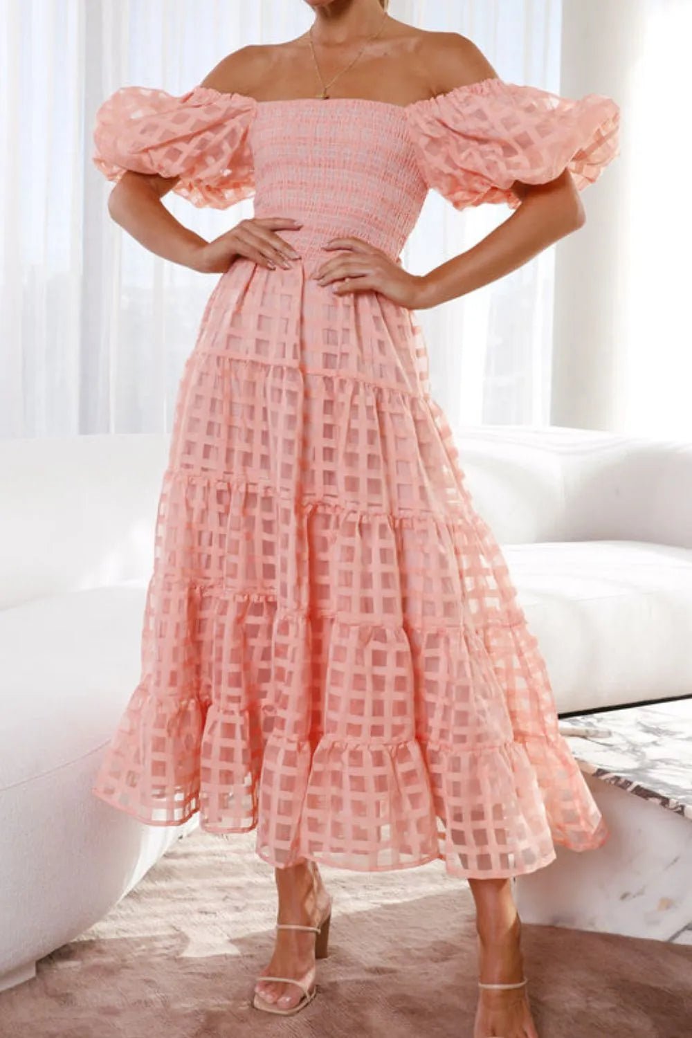 Off Shoulder Short Puff Sleeve Midi Dress - Flip Flop Dynasty