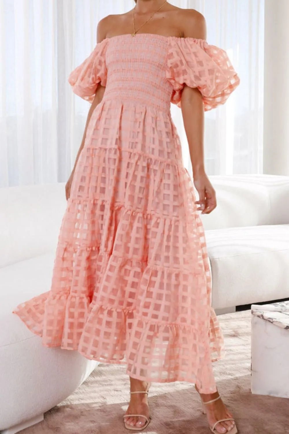 Off Shoulder Short Puff Sleeve Midi Dress - Flip Flop Dynasty