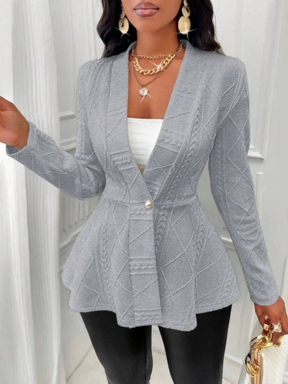 One Button Textured Peplum Cardigan - Flip Flop Dynasty