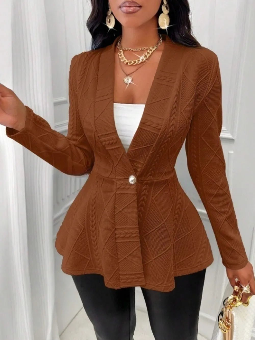 One Button Textured Peplum Cardigan - Flip Flop Dynasty
