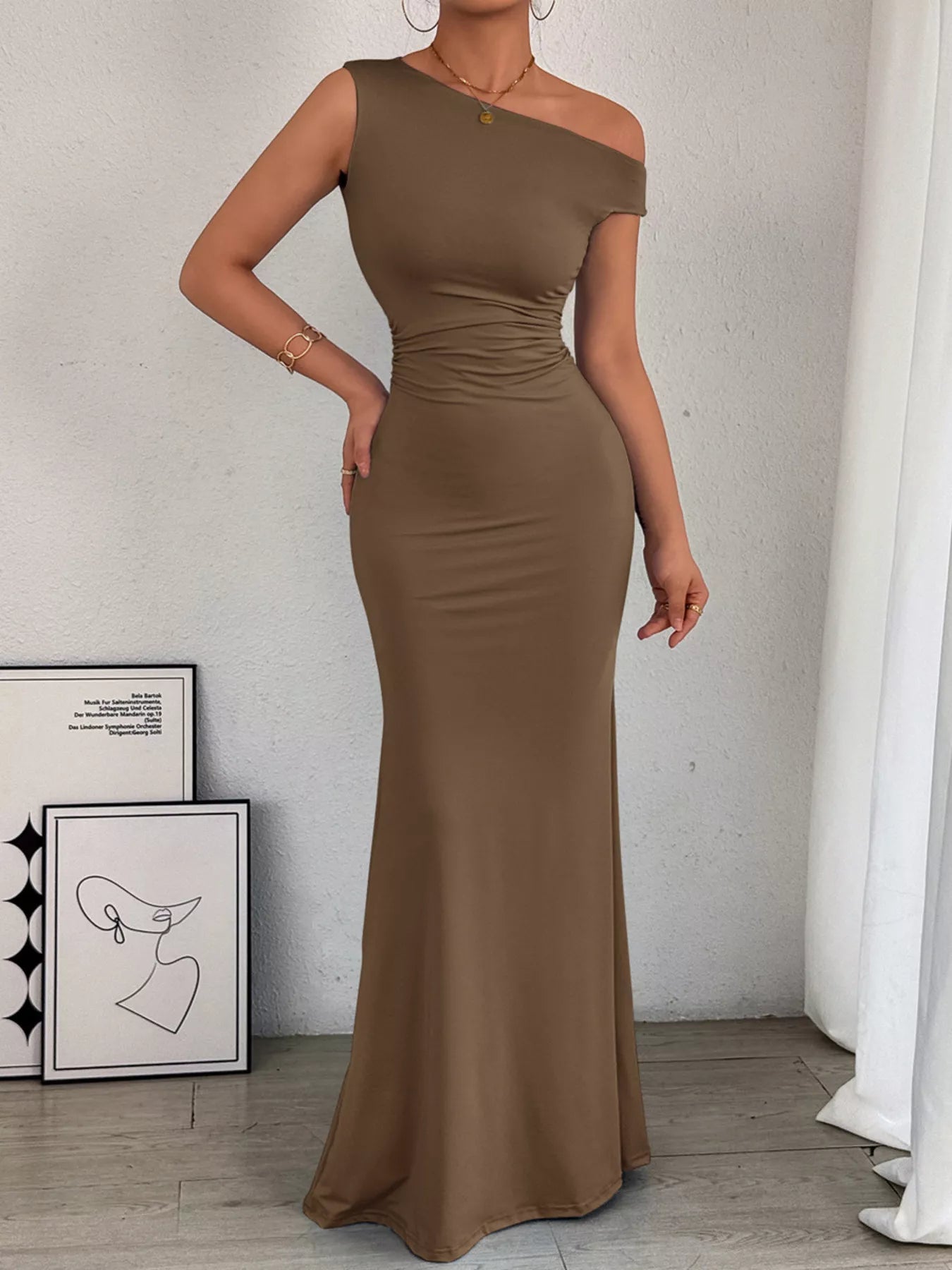 One - Shoulder Ruched Bodycon Maxi Dress - Flip Flop Dynasty