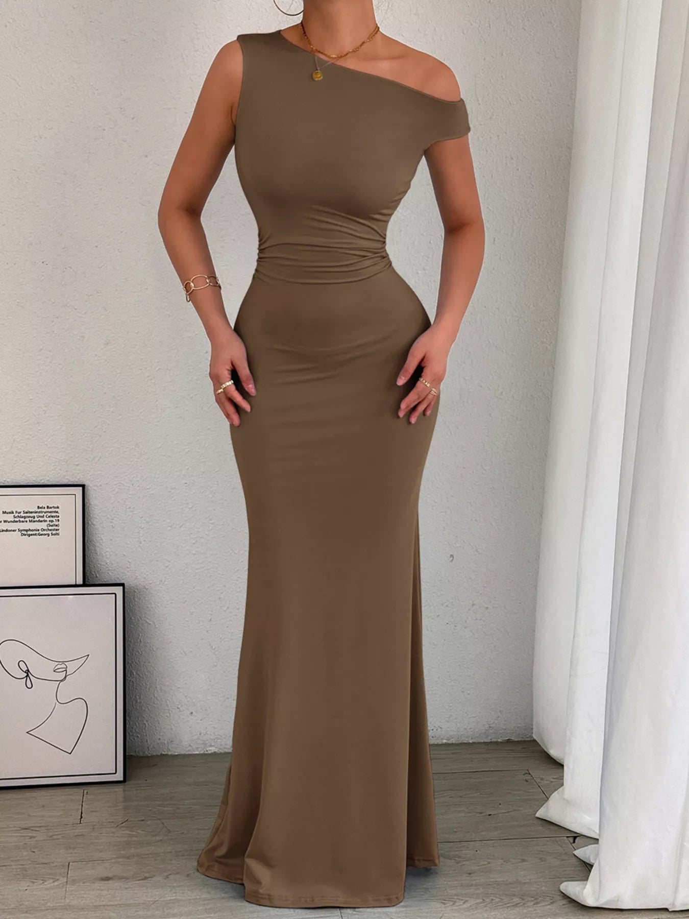 One - Shoulder Ruched Bodycon Maxi Dress - Flip Flop Dynasty