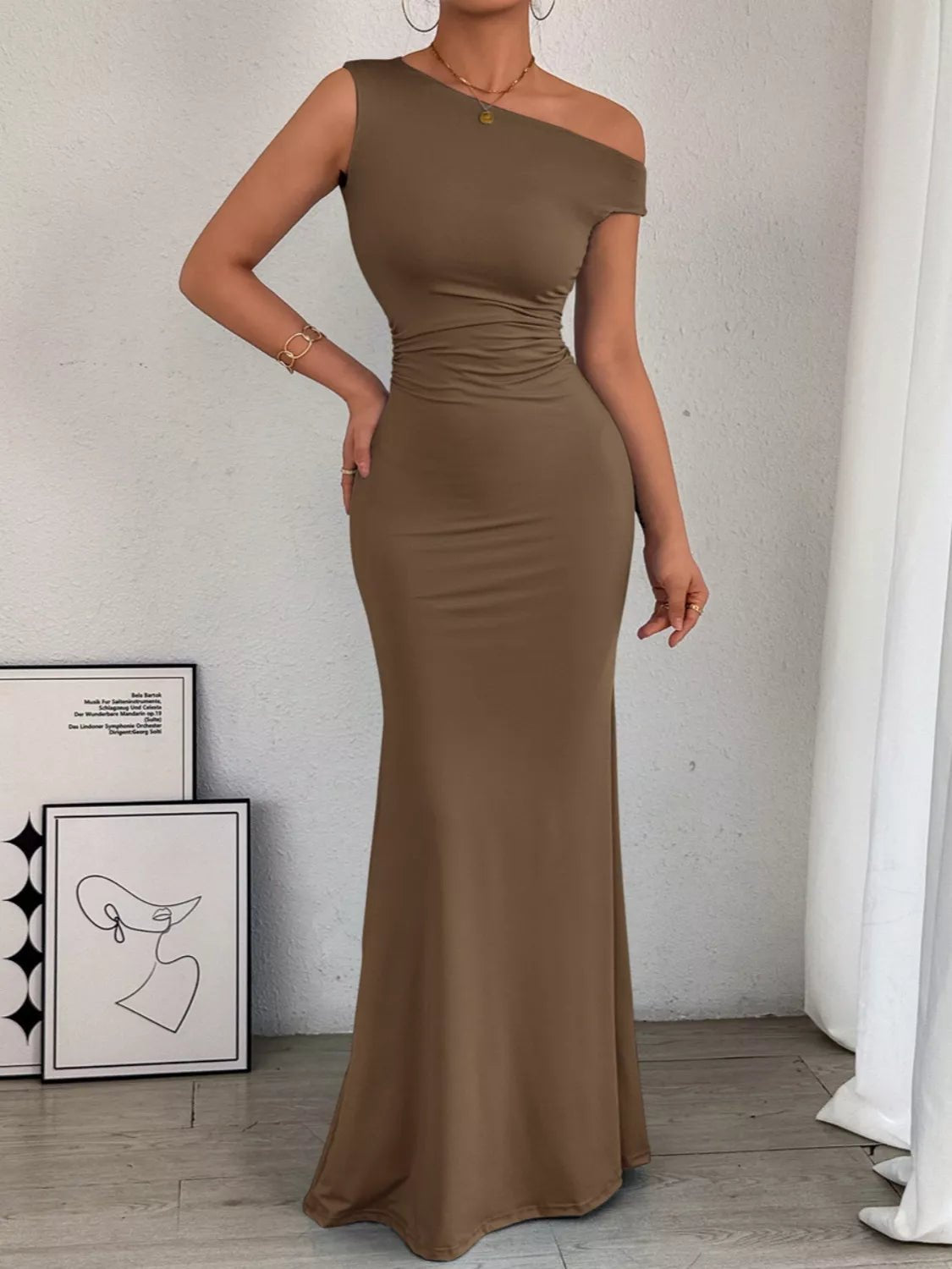 One - Shoulder Ruched Bodycon Maxi Dress - Flip Flop Dynasty