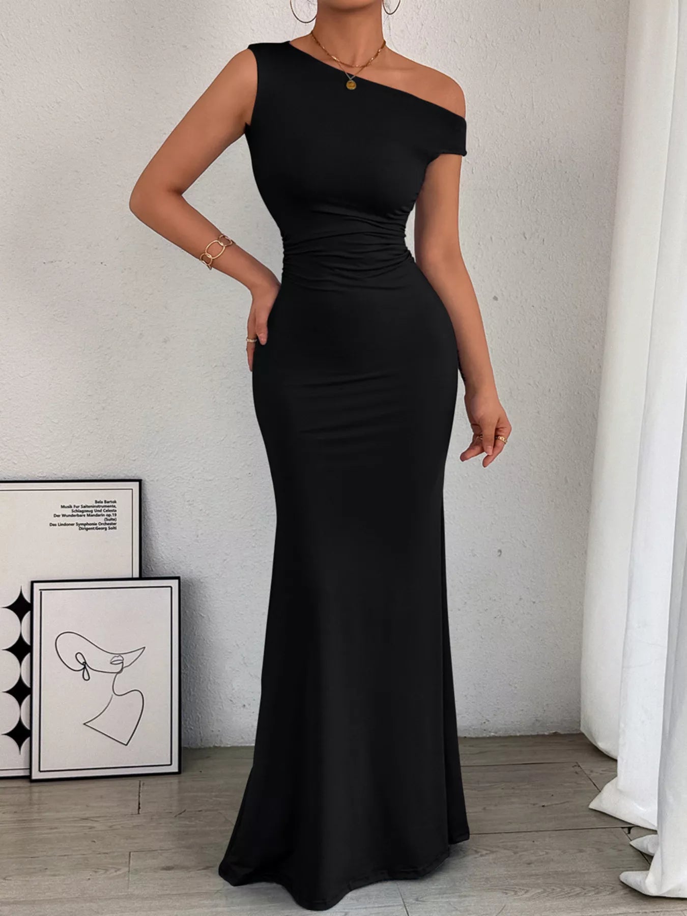 One - Shoulder Ruched Bodycon Maxi Dress - Flip Flop Dynasty