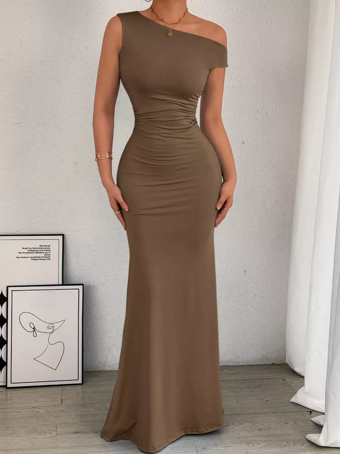 One - Shoulder Ruched Bodycon Maxi Dress - Flip Flop Dynasty