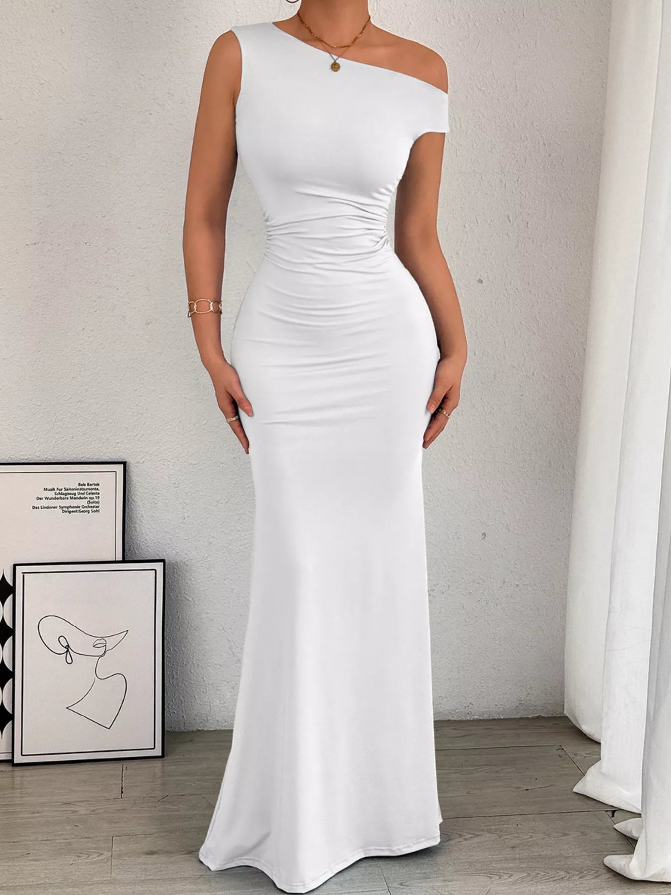 One - Shoulder Ruched Bodycon Maxi Dress - Flip Flop Dynasty
