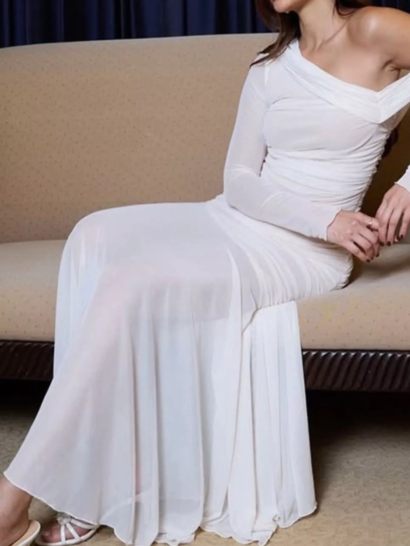 One - Shoulder Ruched Mesh Maxi Dress - Flip Flop Dynasty