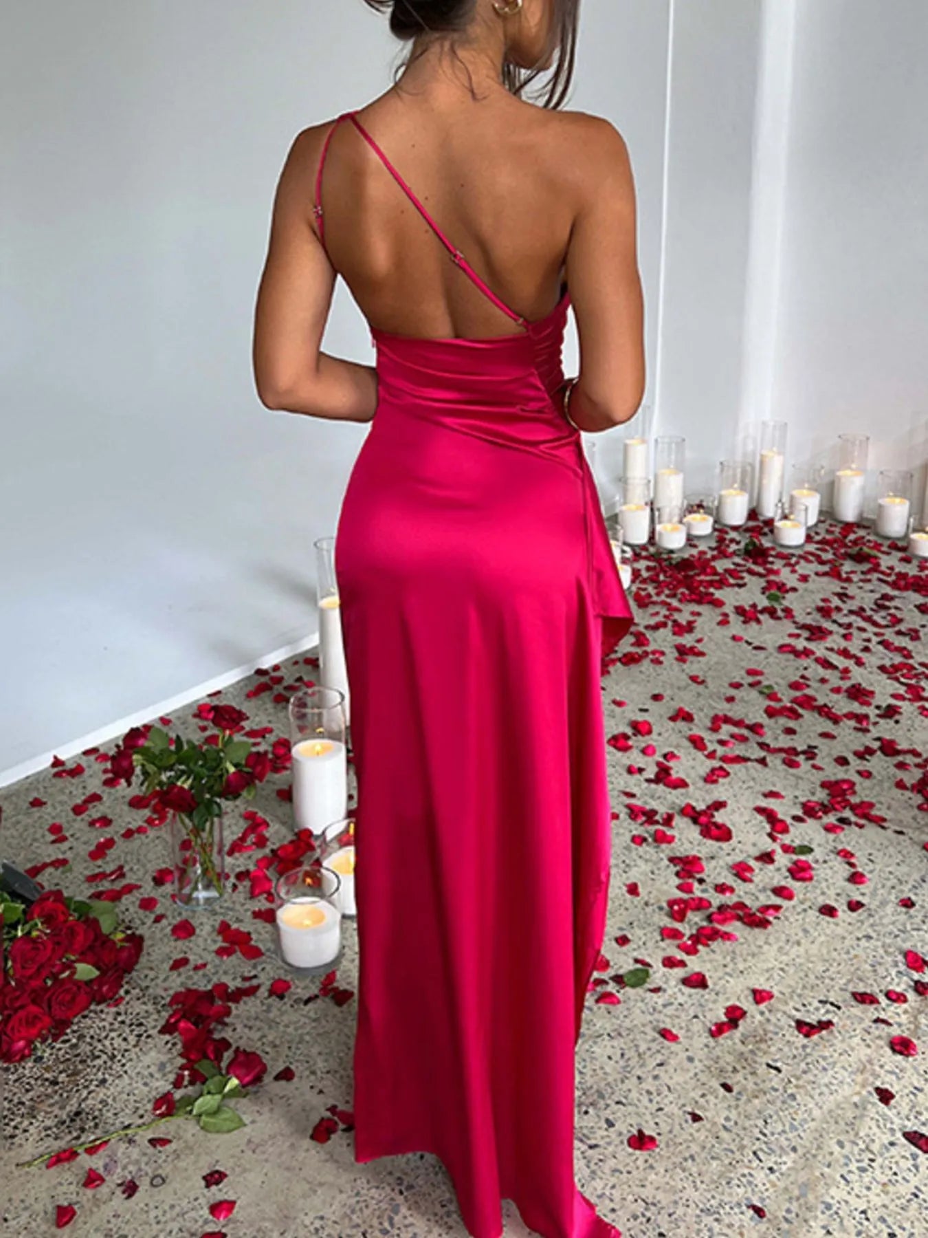 One Shoulder Satin Dress with High Slit - Flip Flop Dynasty