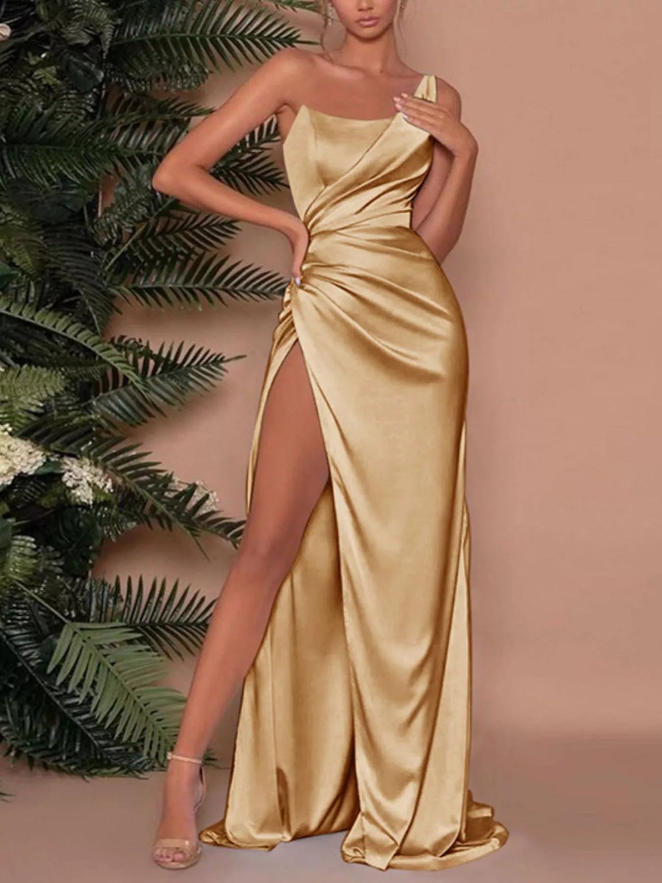 One-Shoulder Satin Maxi Dress with High Slit - Flip Flop Dynasty