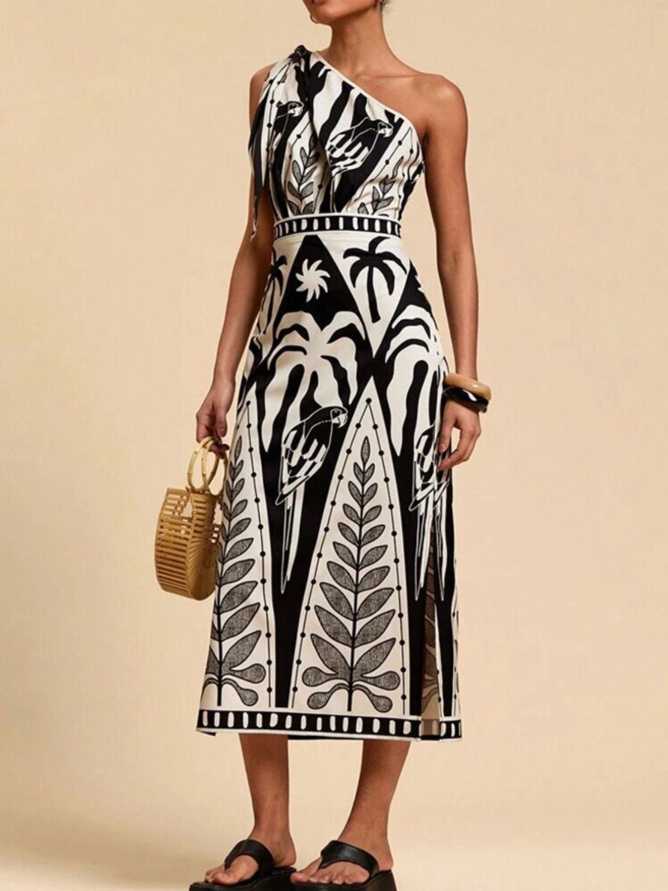 One - Shoulder Tropical Print Midi Dress - Flip Flop Dynasty