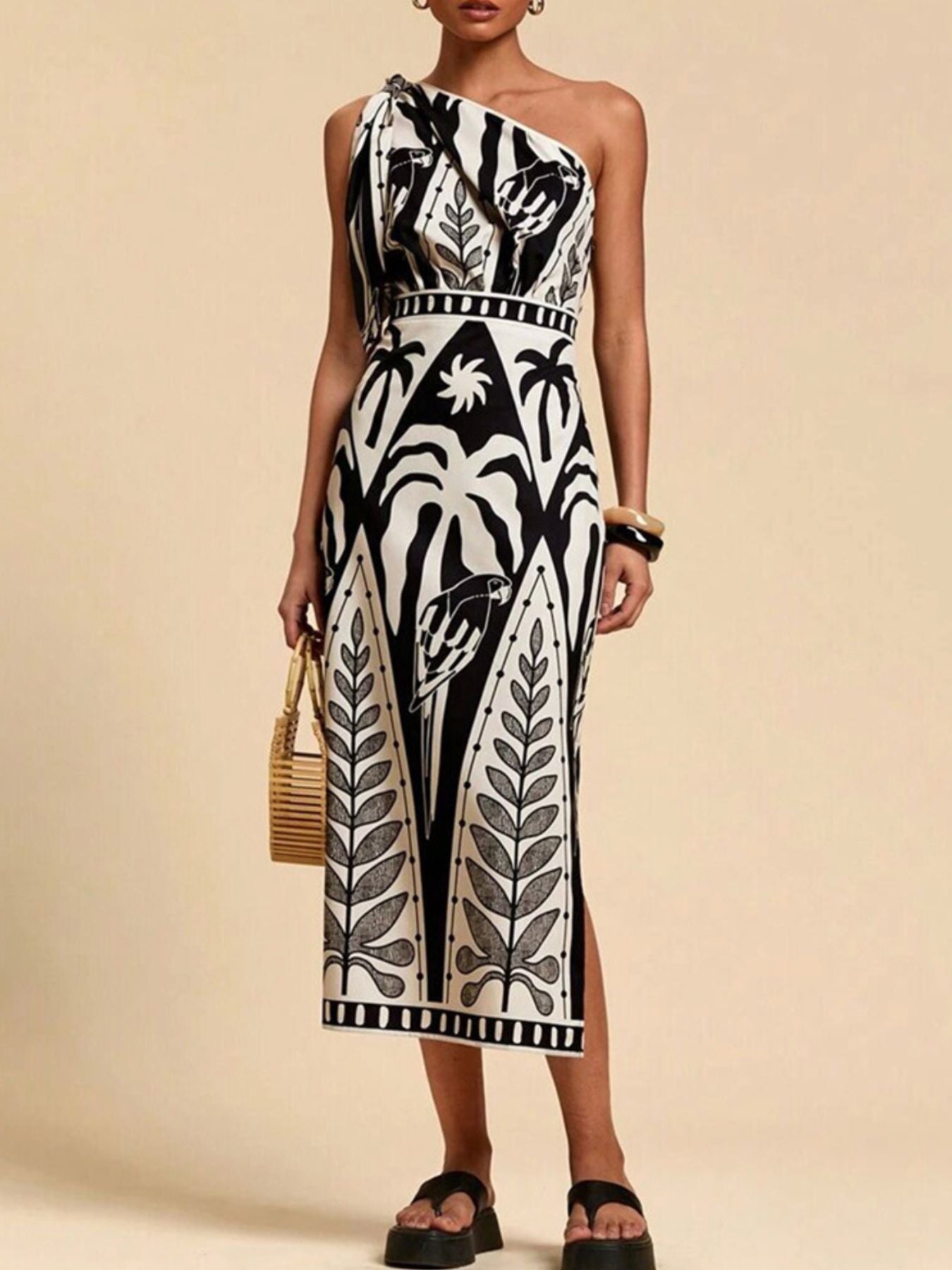 One - Shoulder Tropical Print Midi Dress - Flip Flop Dynasty