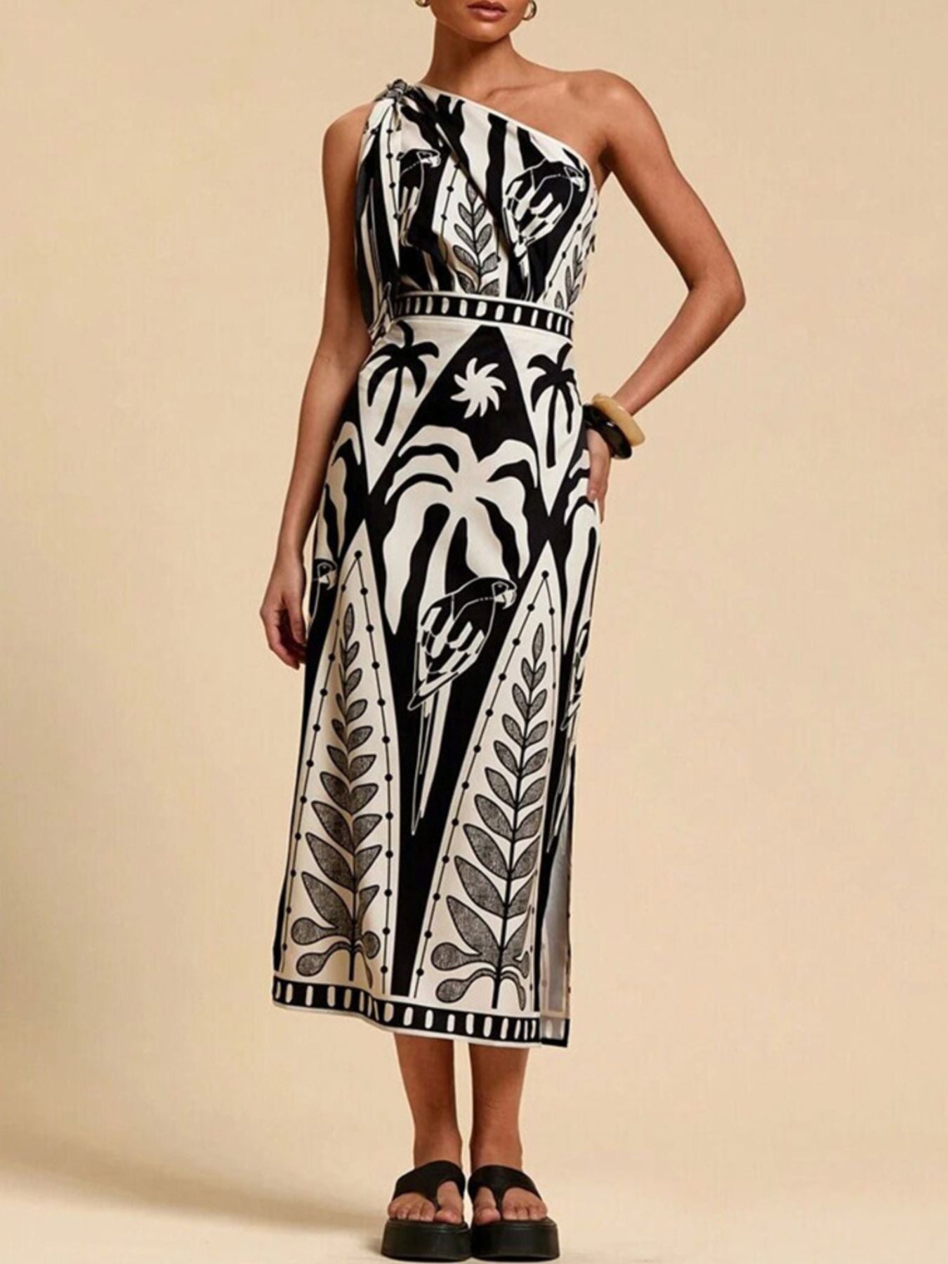tropical print midi dress One-Shoulder Tropical Print Midi Dress