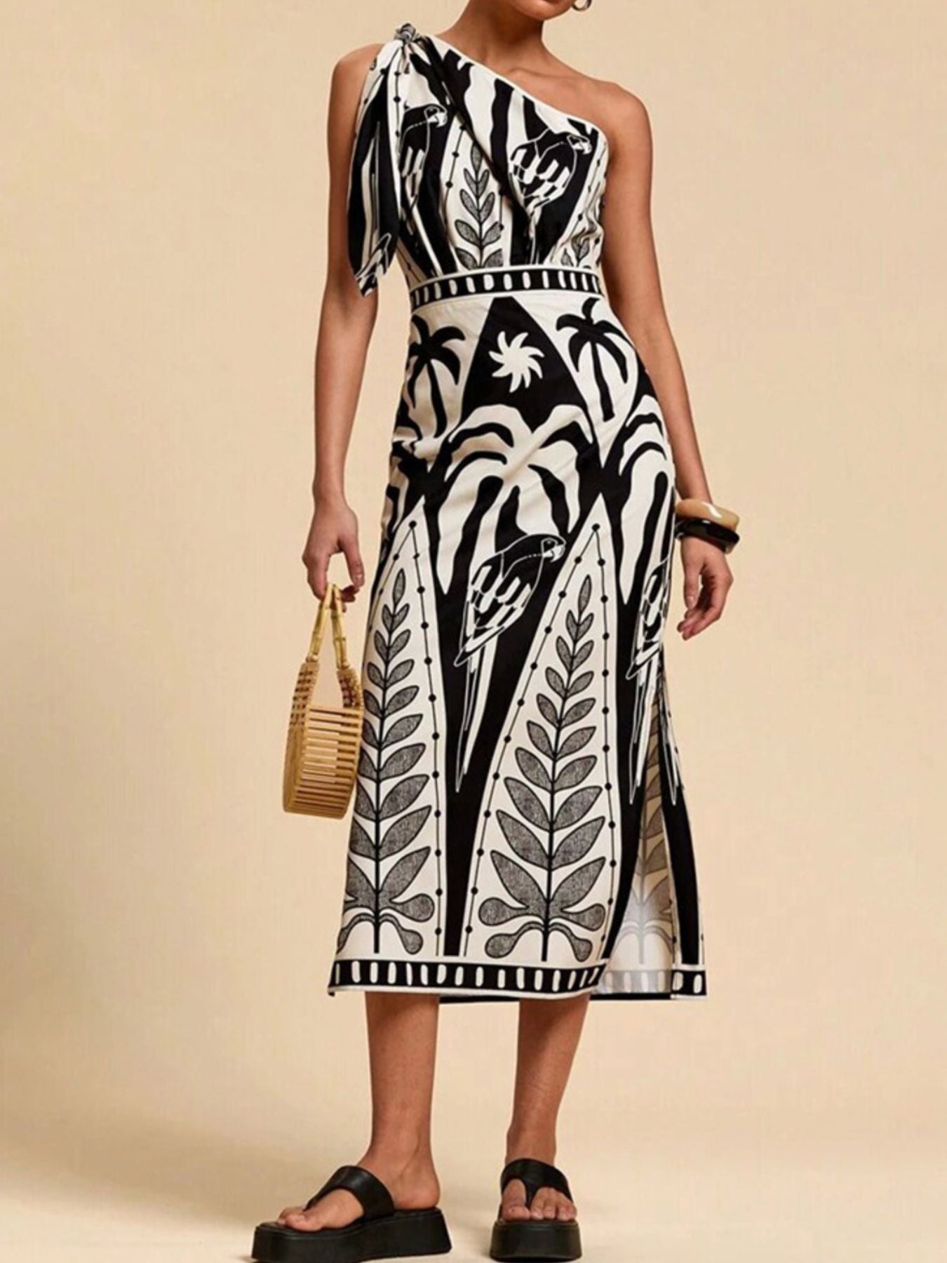 One - Shoulder Tropical Print Midi Dress - Flip Flop Dynasty