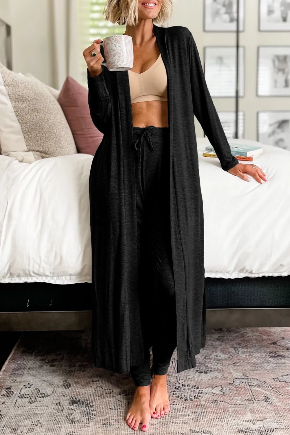 Open Front Long Sleeve Cardigan and Pants Lounge Set - Flip Flop Dynasty