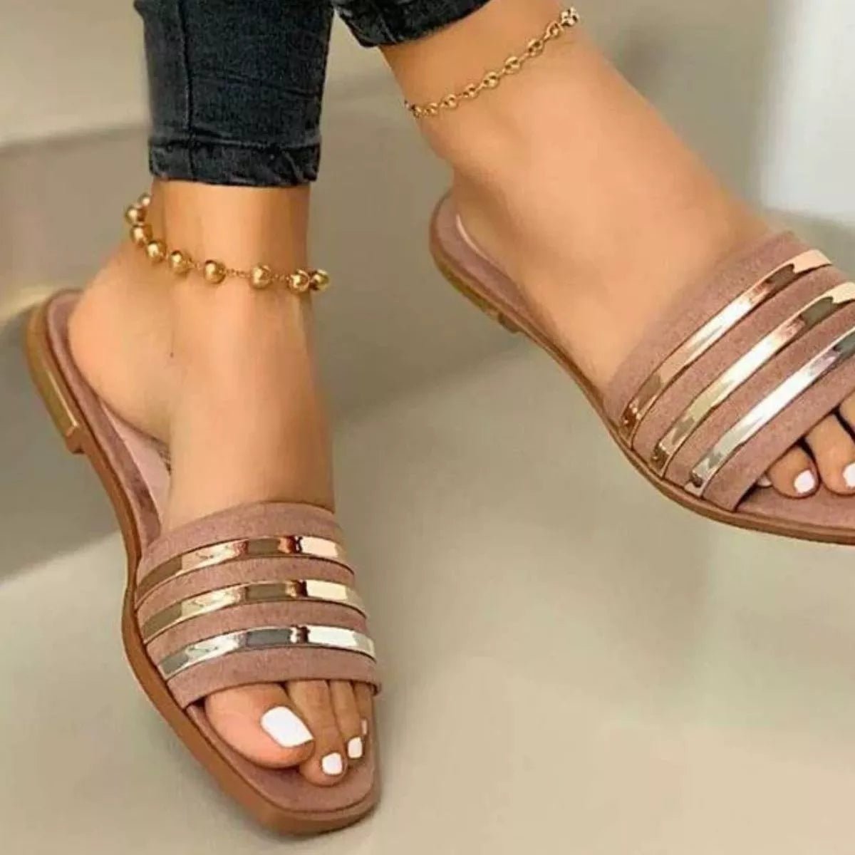 Open Toe Striped Flat Sandals - Flip Flop Dynasty