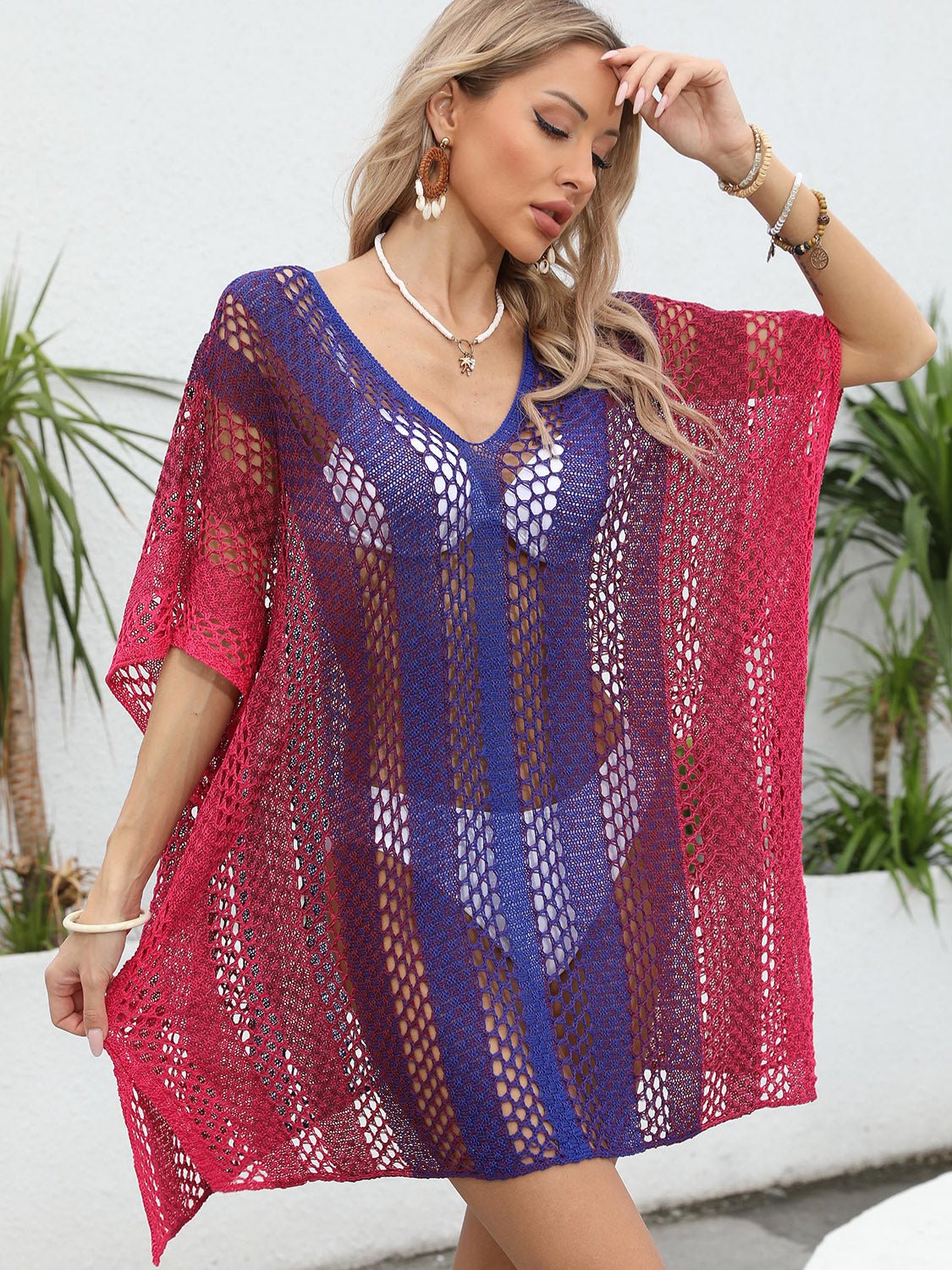 Openwork Contrast V - Neck Cover - Up - Flip Flop Dynasty