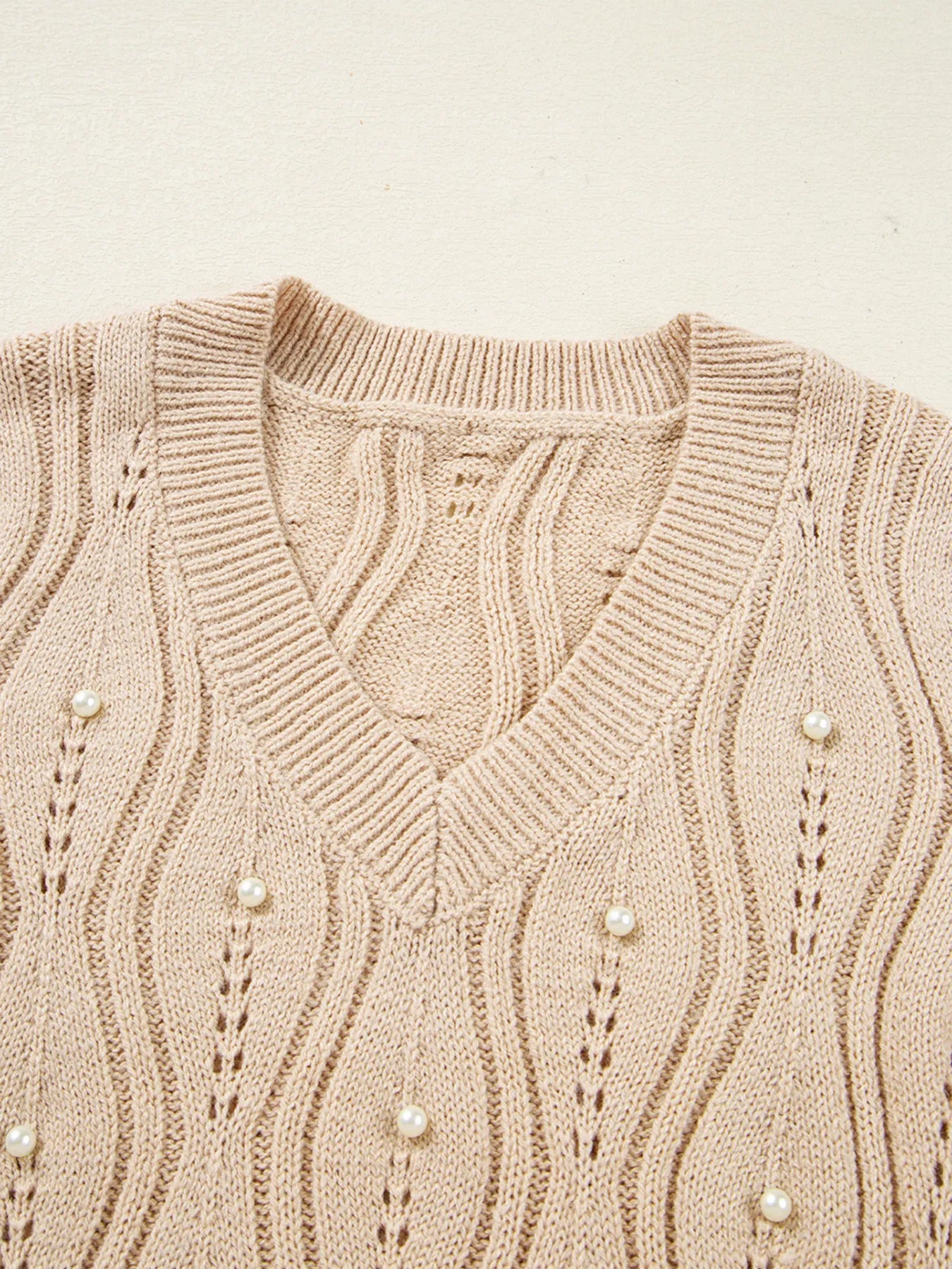 Pearl Beaded Pointelle Knit V Neck Lace Patchwork Sleeve Sweater - Flip Flop Dynasty