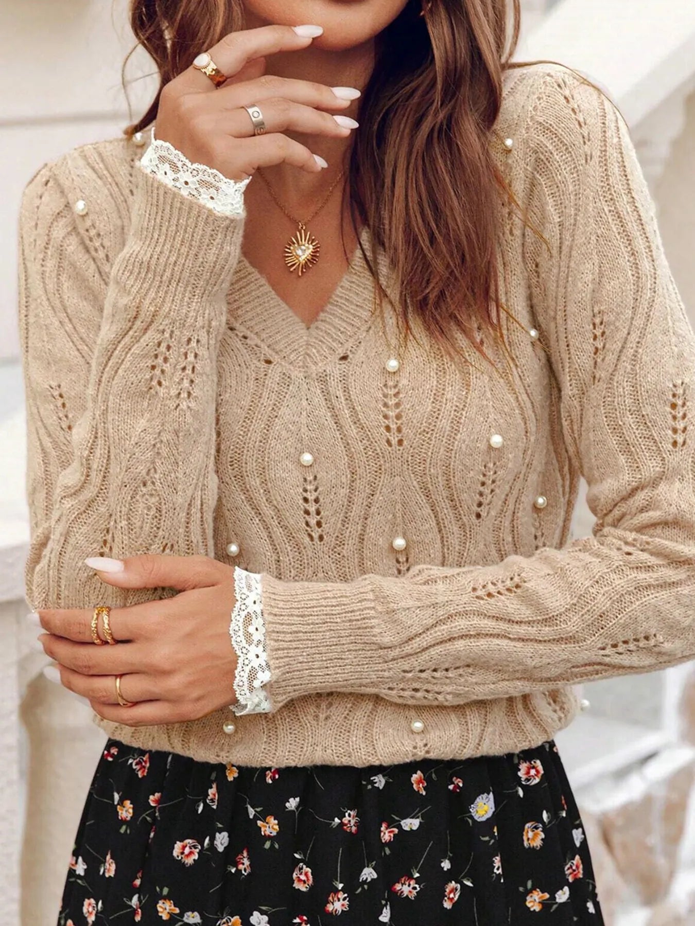 Pearl Beaded Pointelle Knit V Neck Lace Patchwork Sleeve Sweater - Flip Flop Dynasty