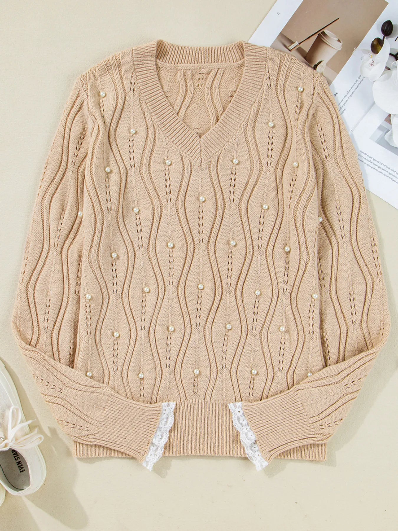 Pearl Beaded Pointelle Knit V Neck Lace Patchwork Sleeve Sweater - Flip Flop Dynasty