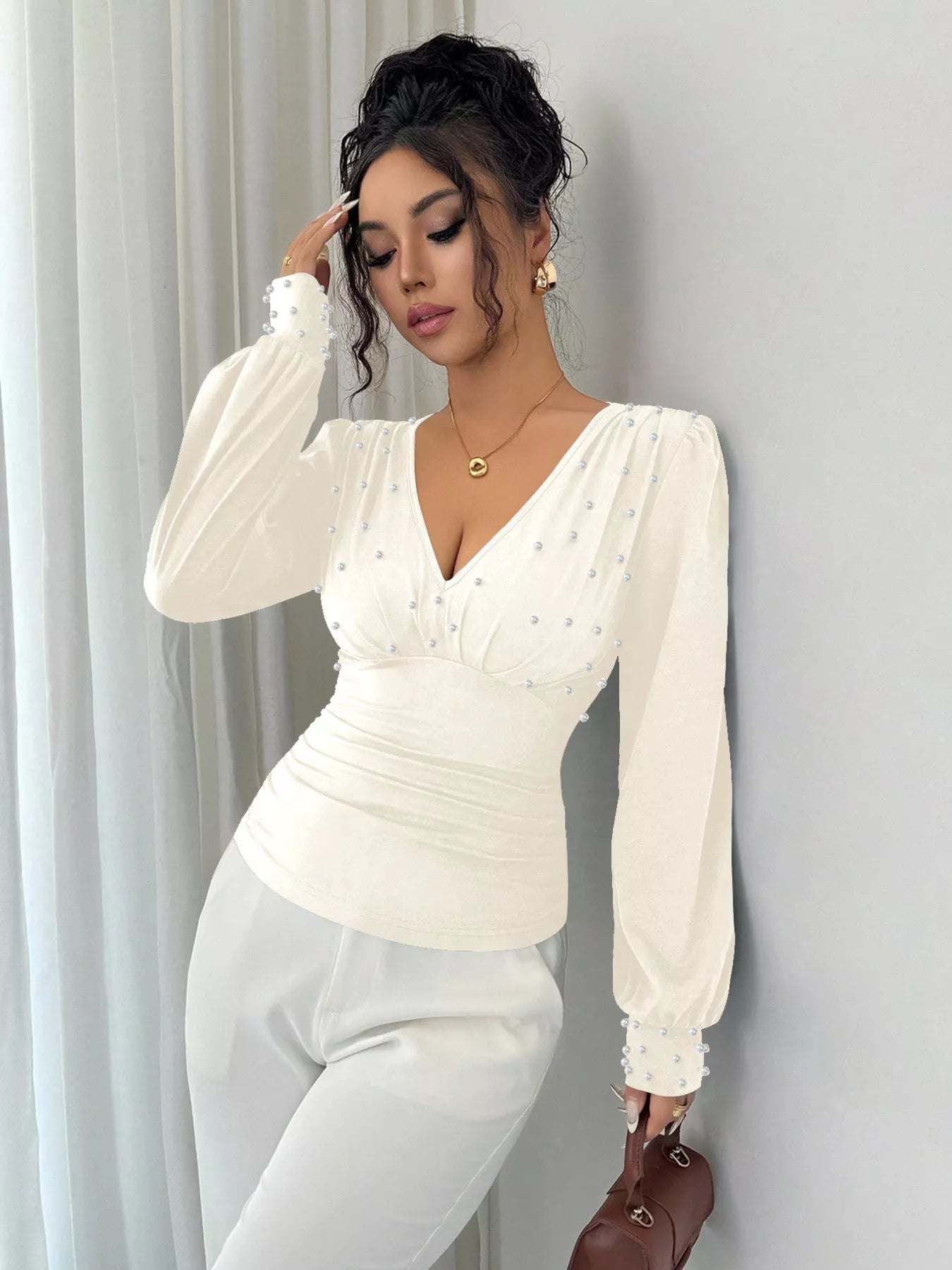 Pearl Embellished V - Neck Blouse - Flip Flop Dynasty