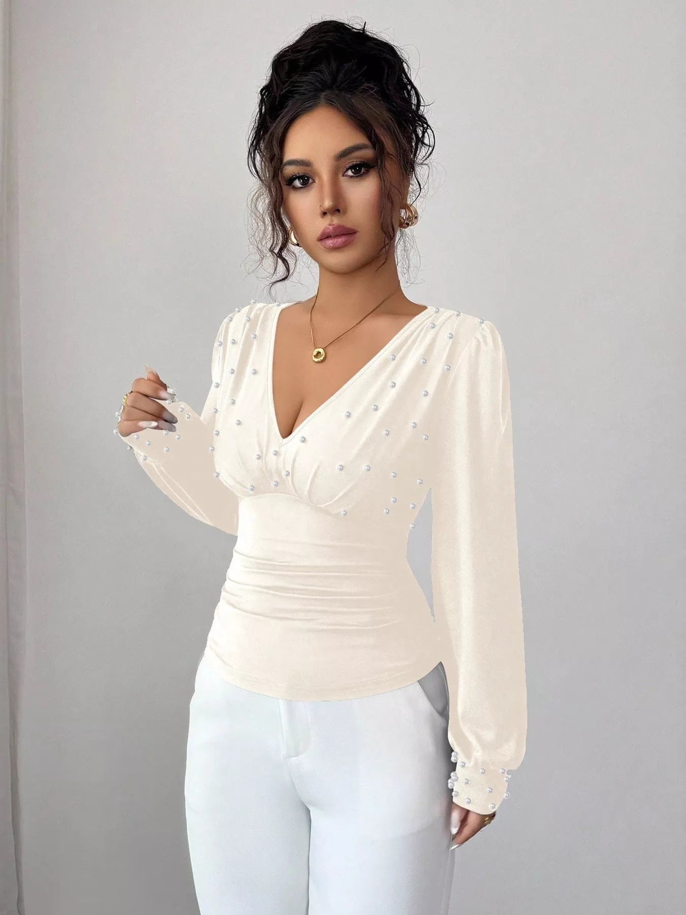 Pearl Embellished V - Neck Blouse - Flip Flop Dynasty
