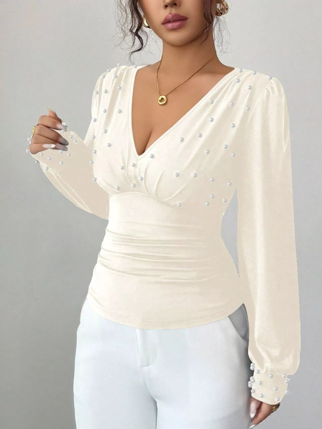 Pearl Embellished V - Neck Blouse - Flip Flop Dynasty