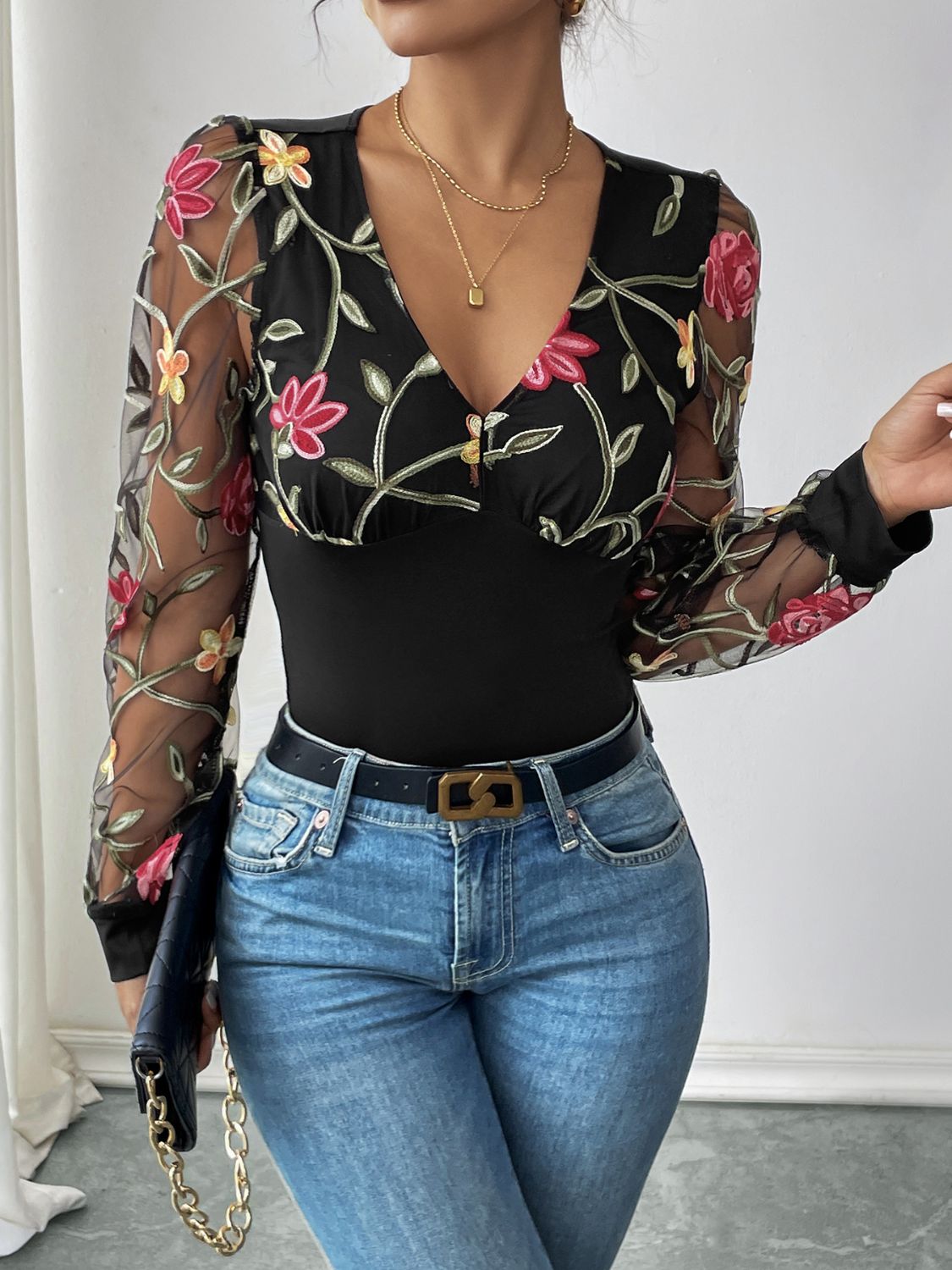 Perfee Embroidered V - Neck Long Sleeve Bodysuit - Flip Flop Dynasty