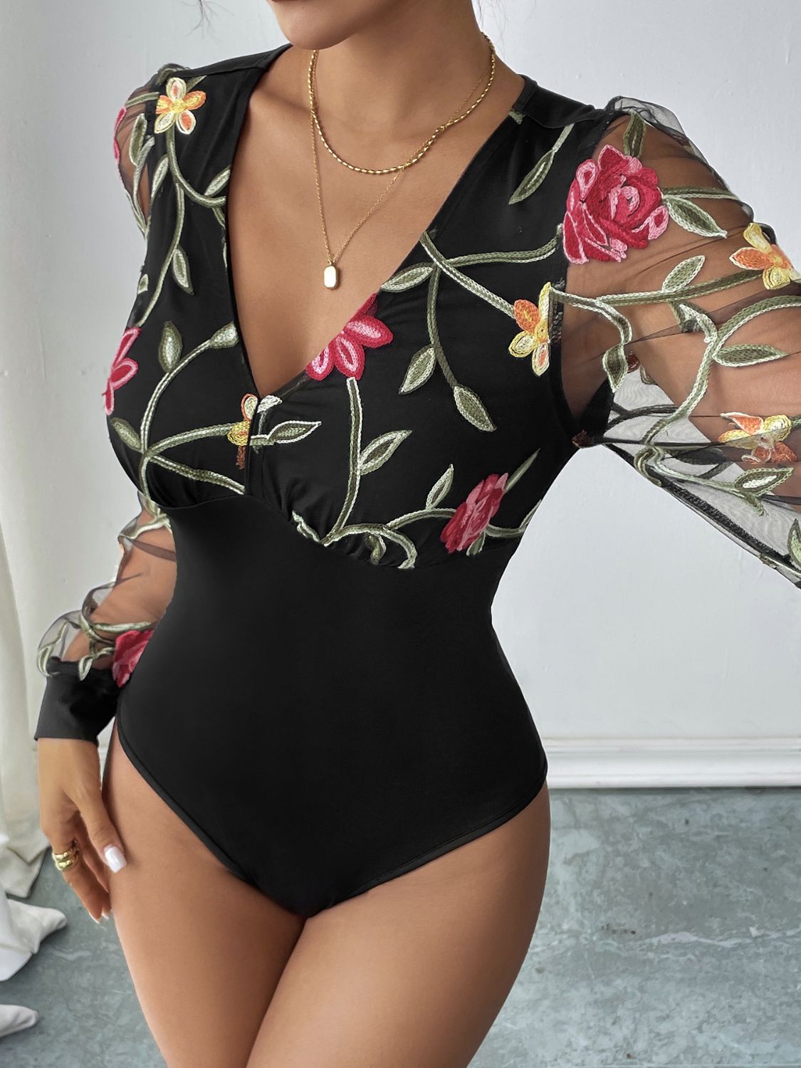 Perfee Embroidered V - Neck Long Sleeve Bodysuit - Flip Flop Dynasty