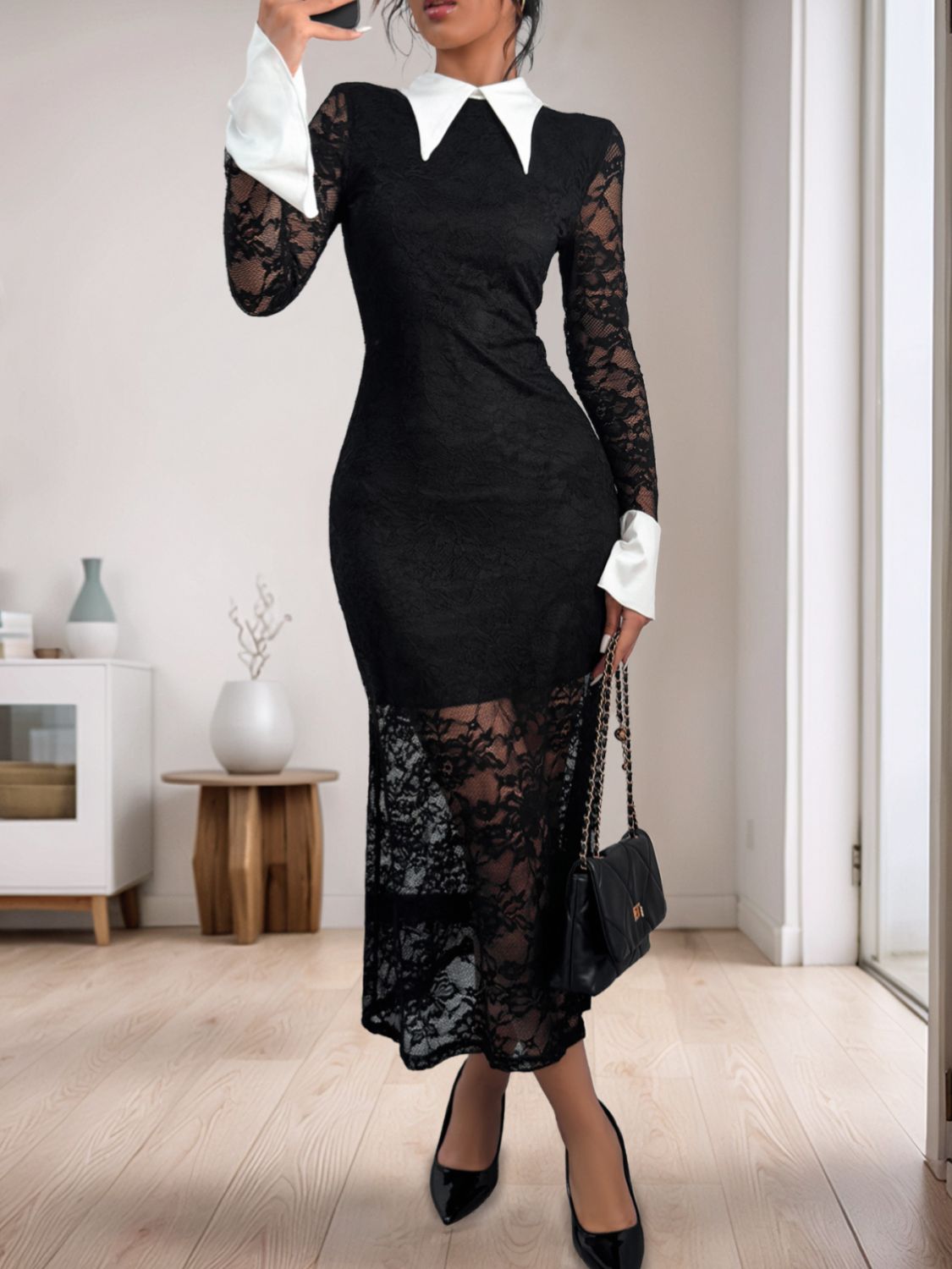 Perfee Lace Contrast Collared Neck Long Sleeve Midi Dress - Flip Flop Dynasty