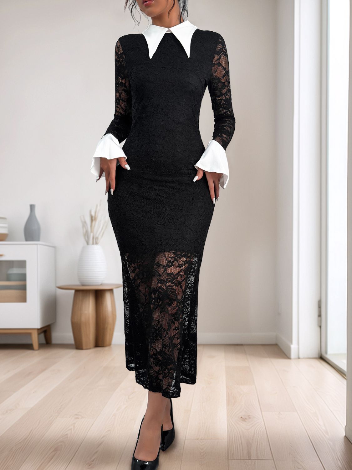 Perfee Lace Contrast Collared Neck Long Sleeve Midi Dress - Flip Flop Dynasty