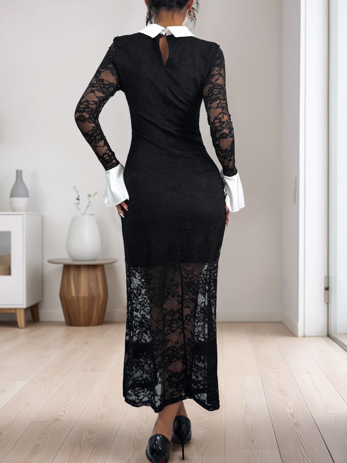 Perfee Lace Contrast Collared Neck Long Sleeve Midi Dress - Flip Flop Dynasty