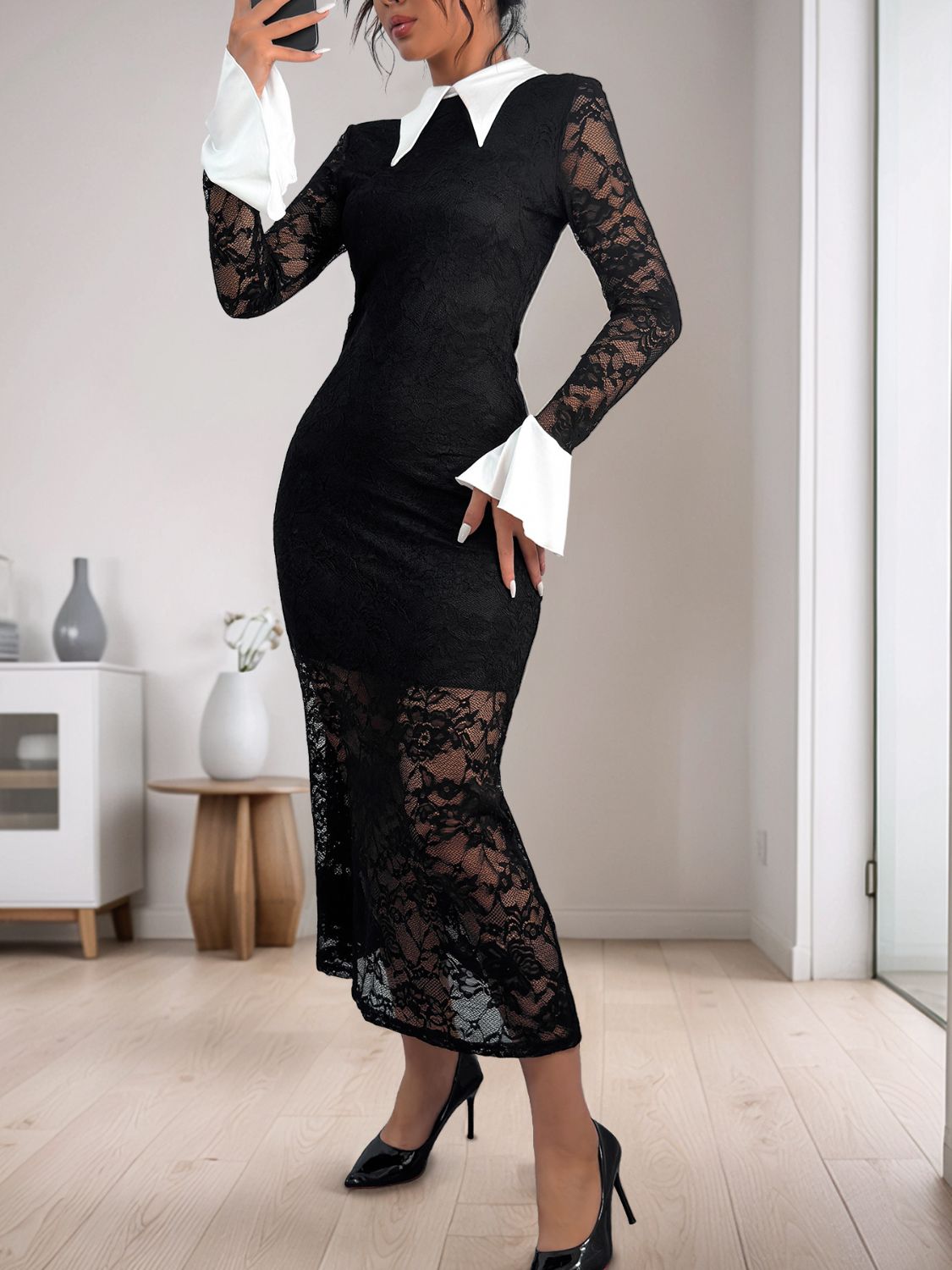 Perfee Lace Contrast Collared Neck Long Sleeve Midi Dress - Flip Flop Dynasty