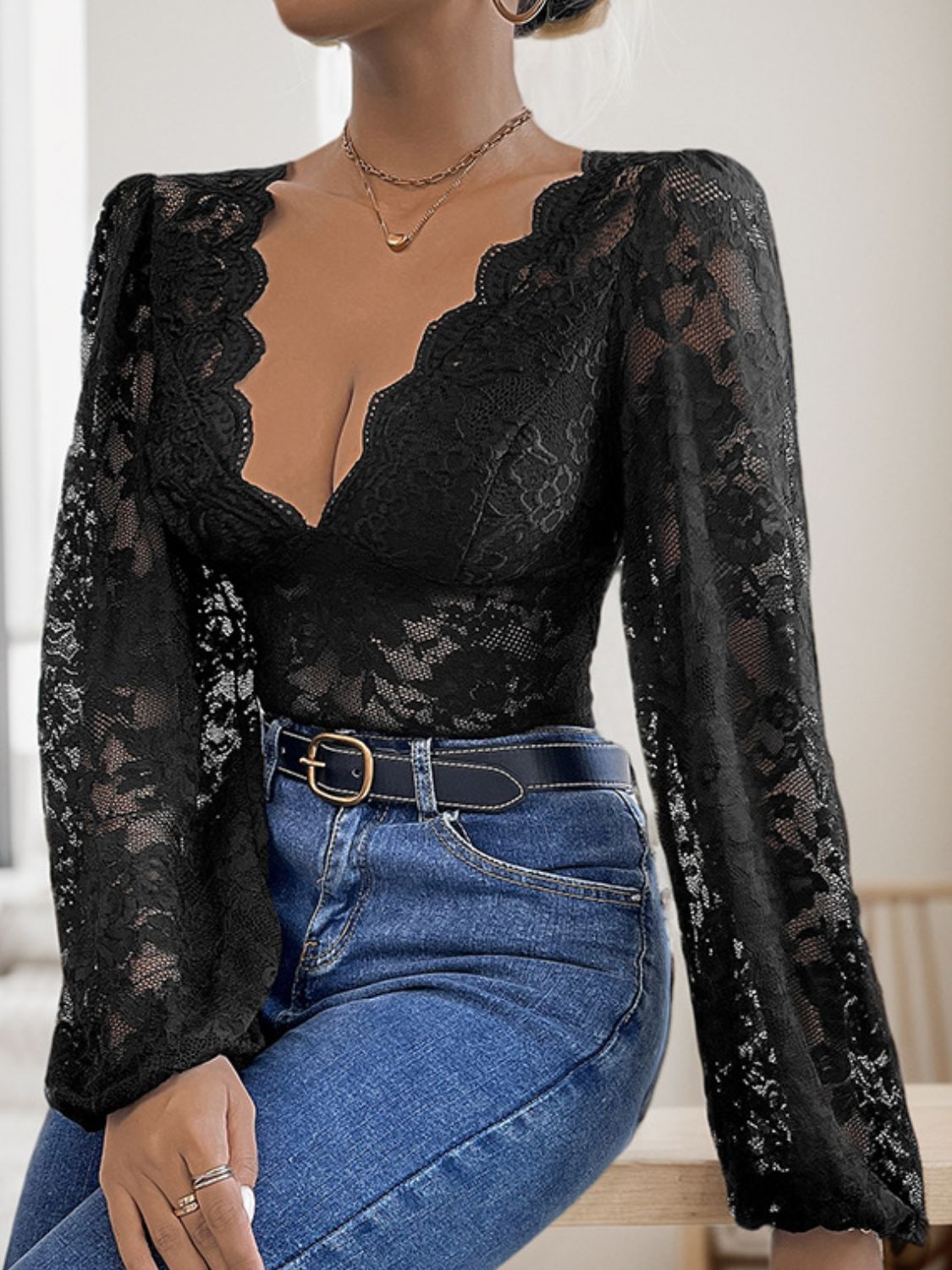 Perfee Lace Plunge Long Sleeve Bodysuit - Flip Flop Dynasty