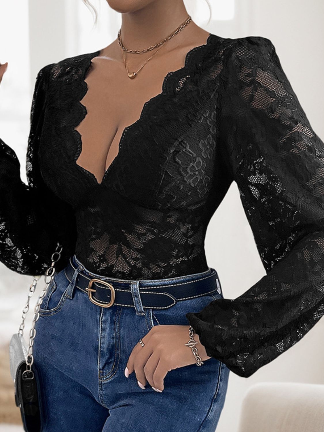 Perfee Lace Plunge Long Sleeve Bodysuit - Flip Flop Dynasty