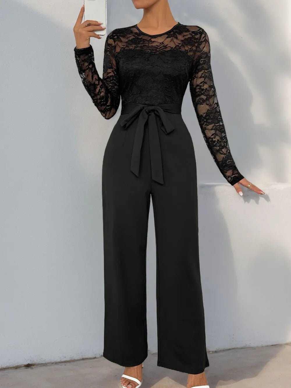 Perfee Lace Round Neck Long Sleeve Jumpsuit - Flip Flop Dynasty