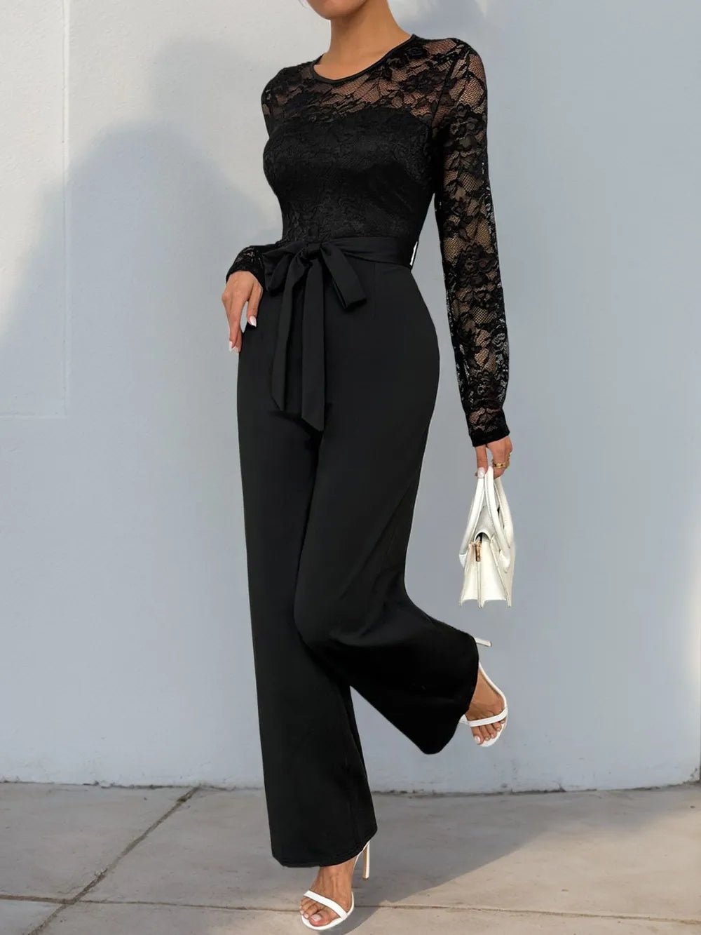 Perfee Lace Round Neck Long Sleeve Jumpsuit - Flip Flop Dynasty
